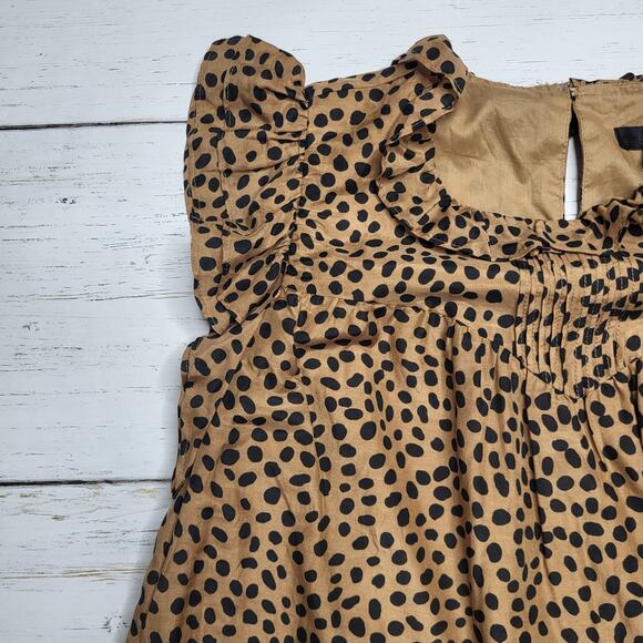 J. Crew Flutter Sleeve Cotton Silk Voile Top Leopard Dot Brown Ruffle Neck Small - Picture 5 of 8